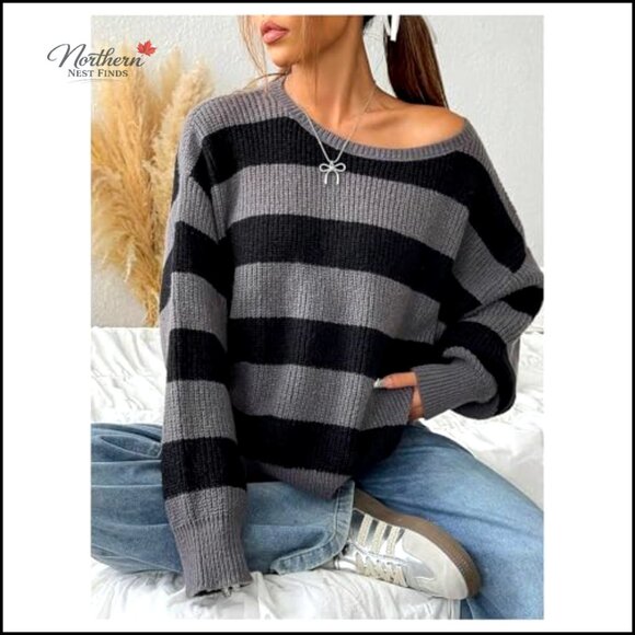 Striped Boat Neck Pullover Sweater, Drop Shoulder, Loose Fit, Long Sleeve - Picture 4 of 6